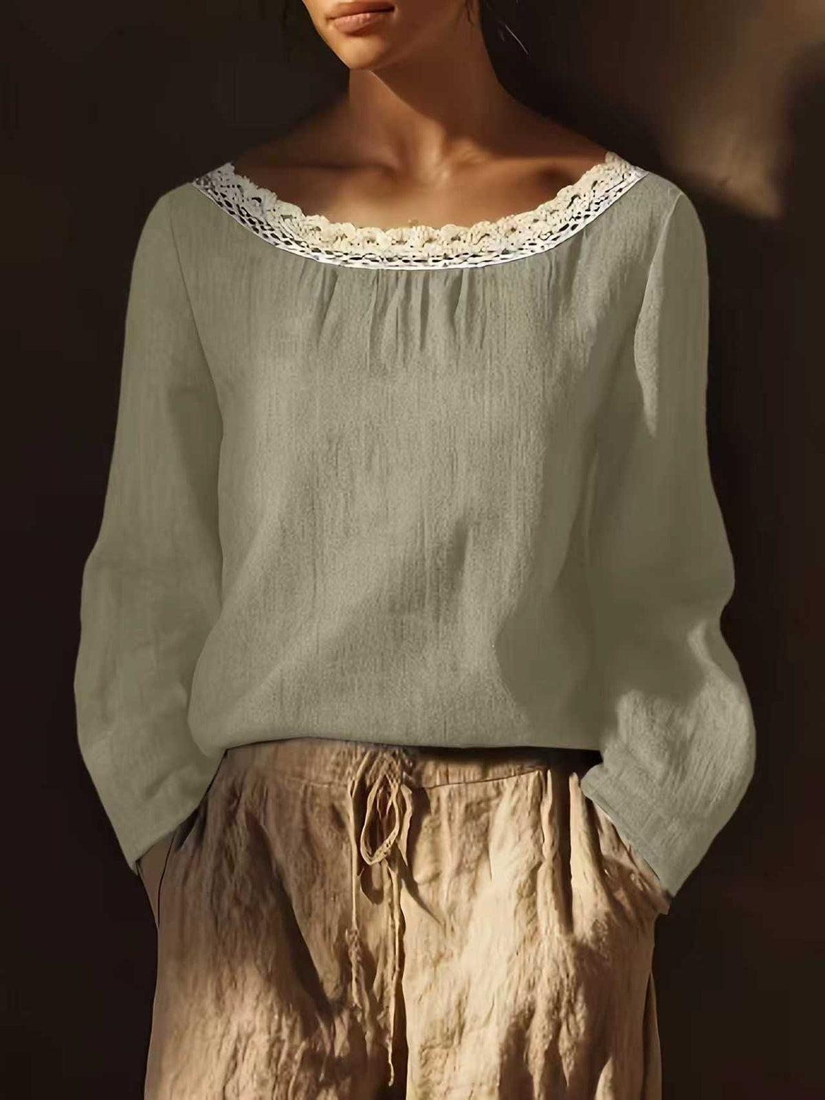 Women's Round Neck Lace Stitching Long Linen Sleeves Chinese Elegant Inner Women's T-shirt