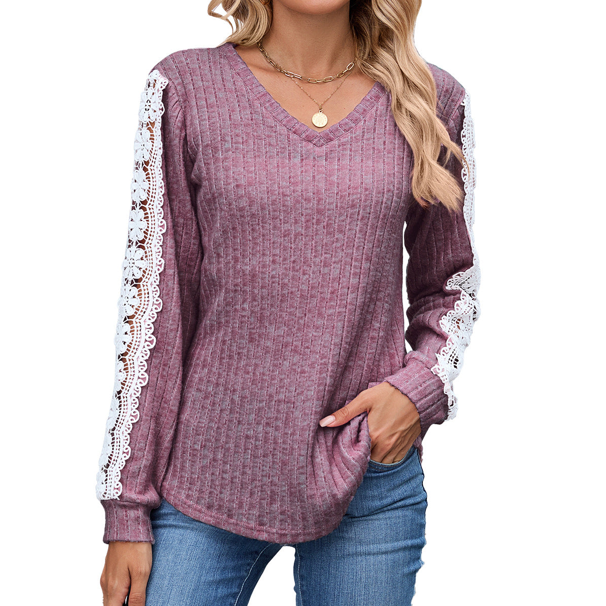 Women's Loose Long Sleeve Lace In Contrast Women's T-shirt