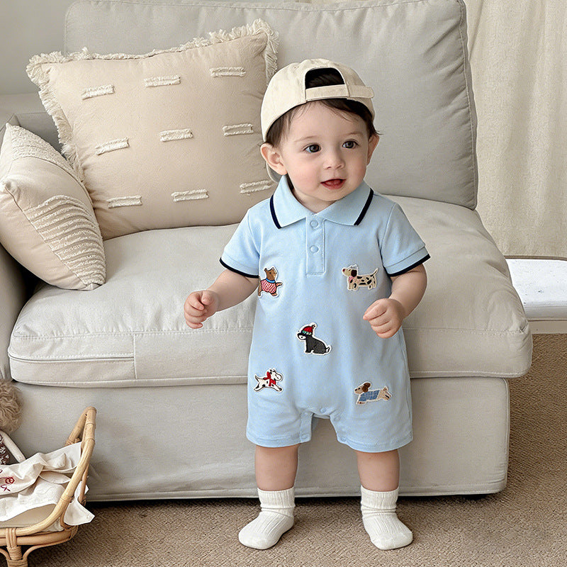 Collar Jumpsuit Card Cute Puppy Patch Short-sleeved Rompers Outing Shorts Jumpsuit, Climbing Suit