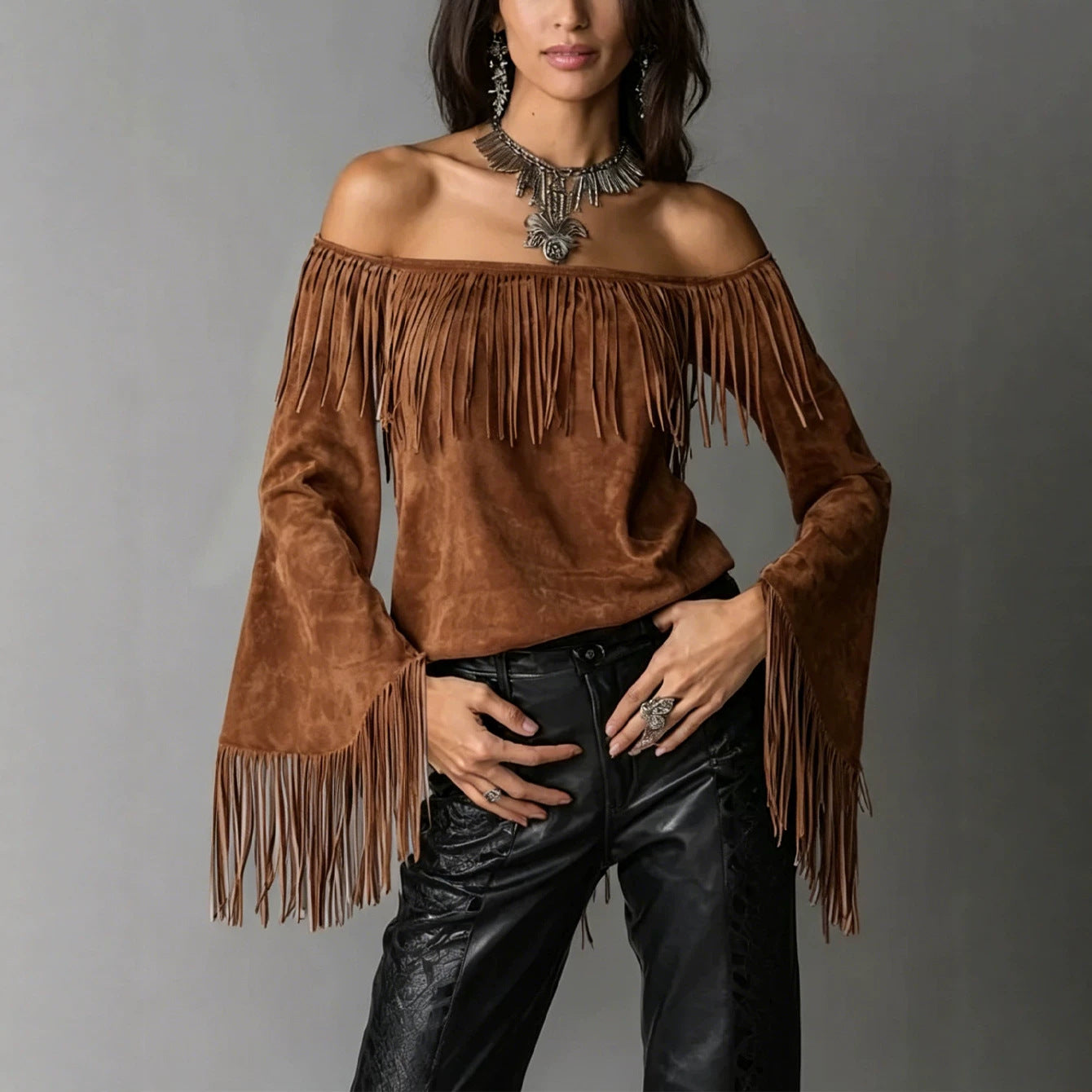 Women's Retro Tassel Suede Flared Long Sleeve Western Women's T-shirt