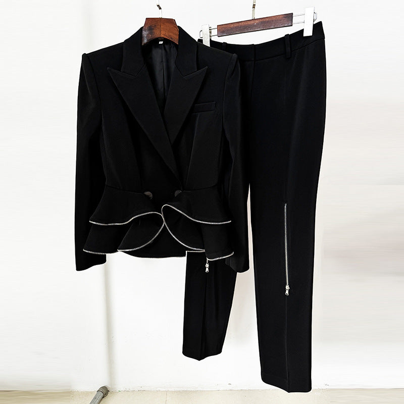Unique Zipper Ruffled Skinny Two-piece Set Fashion Casual Suit