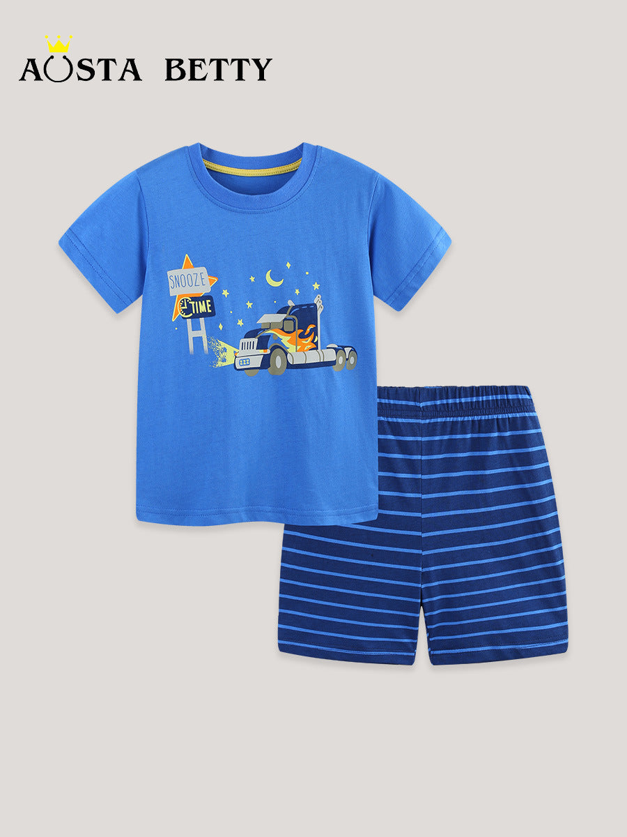 Children's Summer Car Cartoon Print Two-piece Knitted Children's Suit