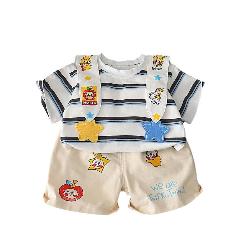 Children's Clothing Cartoon Striped Shawl Short Sleeve Clothes Two-piece Children's Suit