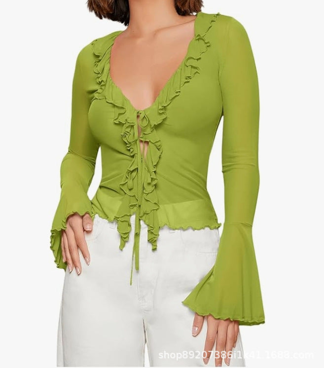 Women's Spring Sexy Low-cut Ruffled Slim Flared Lace Shirt, Chiffon Shirt