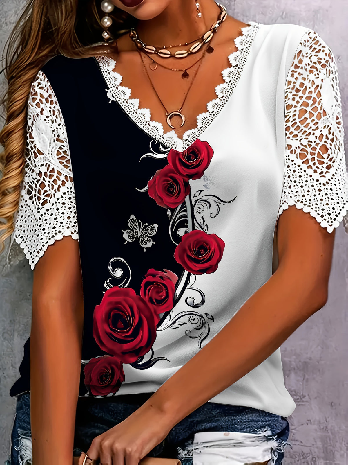 Women's Lace Stitching Fashion Printing Sleeve Female Tops