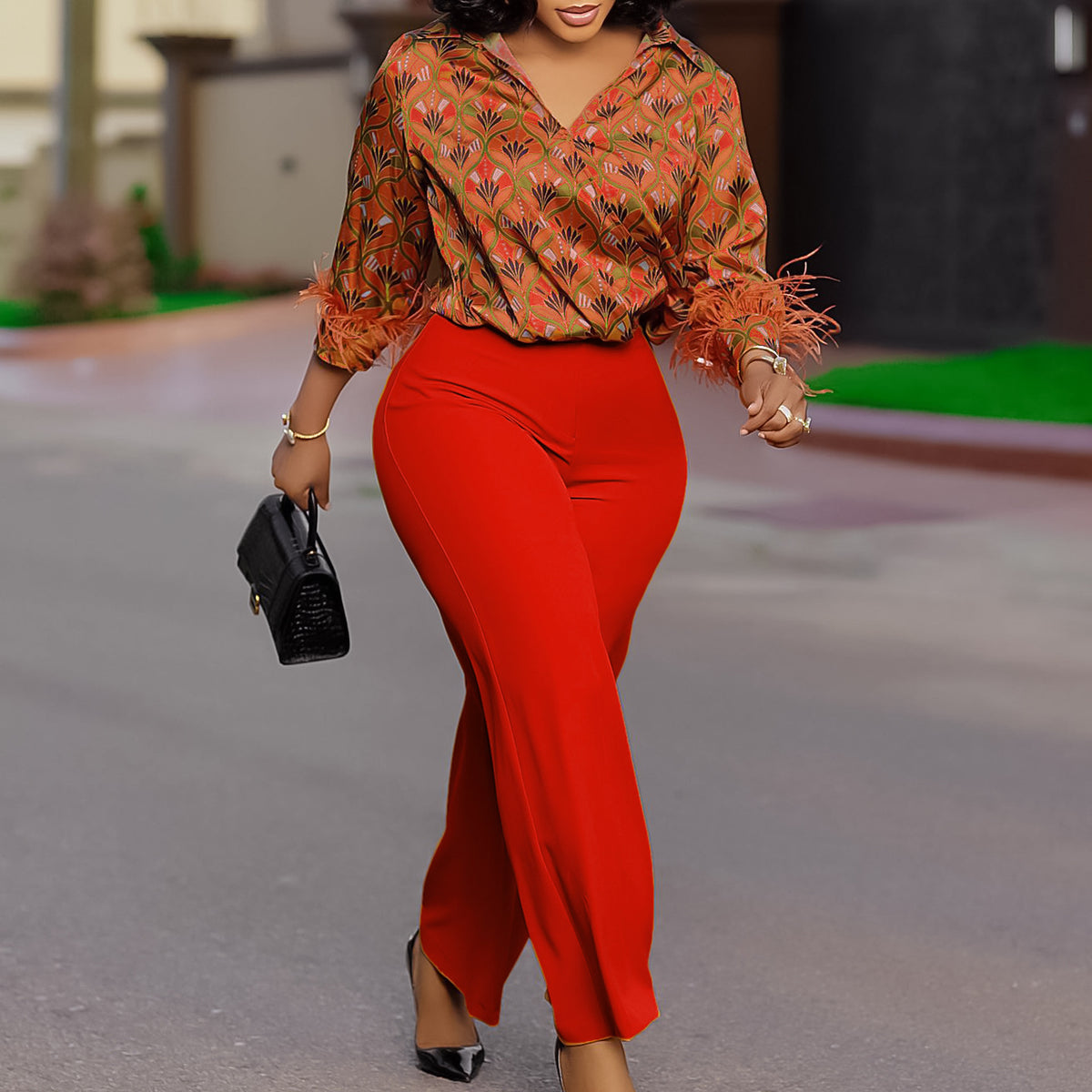 Women's Printed Long-sleeved Shirt Elegant African Fashion Casual Suit