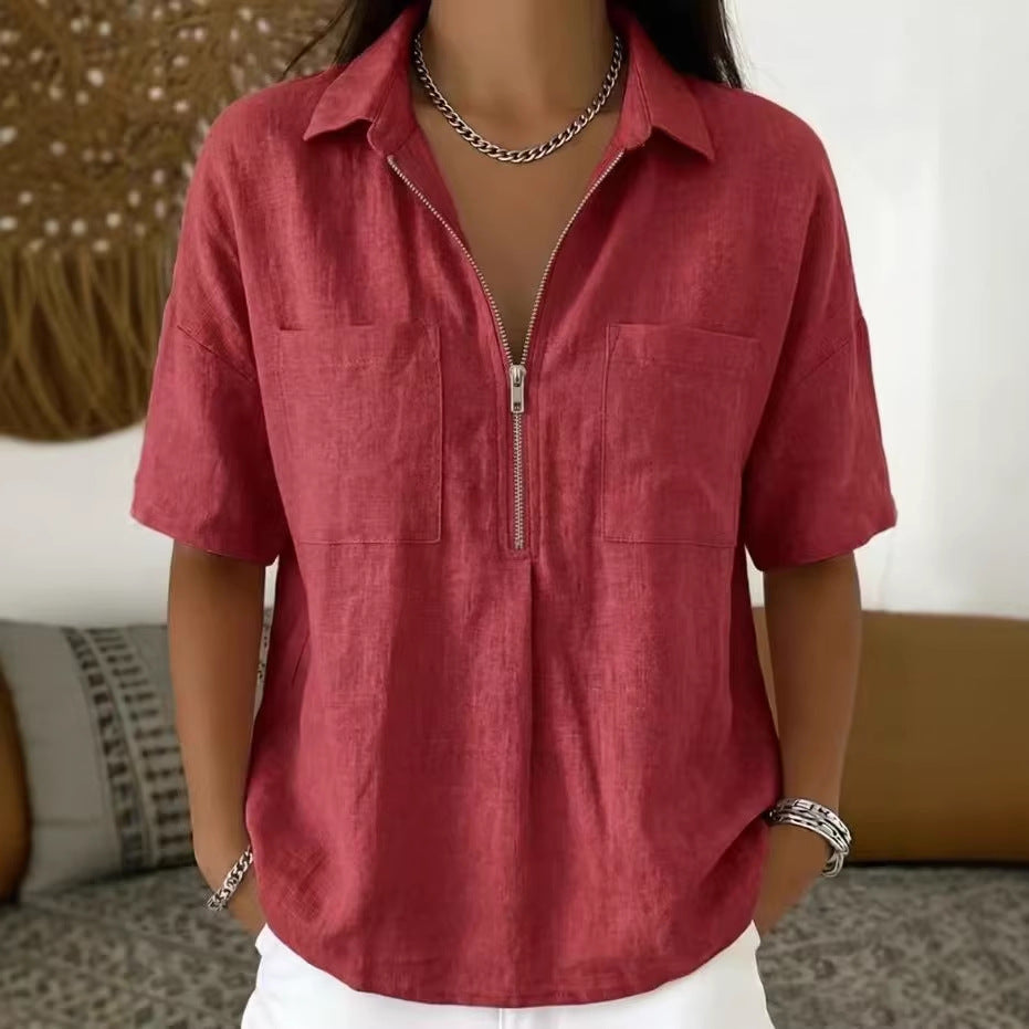 Loose Lapels Solid Color Sleeve Casual Shirt Zipper Patch Blouse