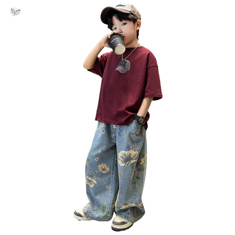 Pants Printed T-shirt Flower Jeans Two-piece Medium Big Children's Suit