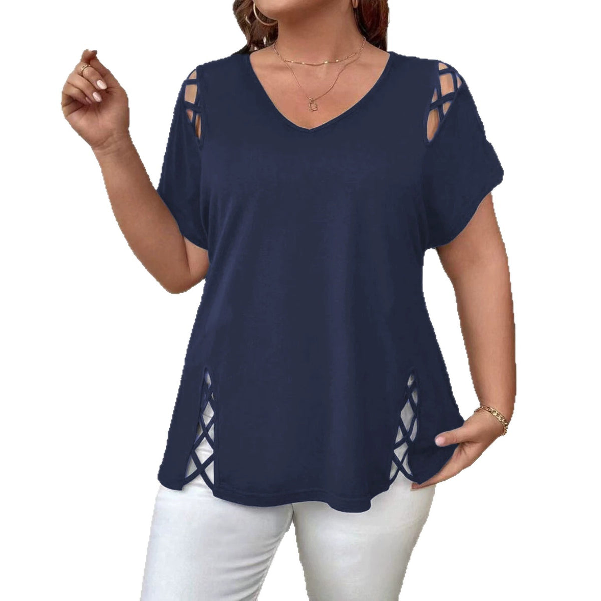 Women's Summer Solid Color Cross Sleeve Slimming Large Size T-shirt
