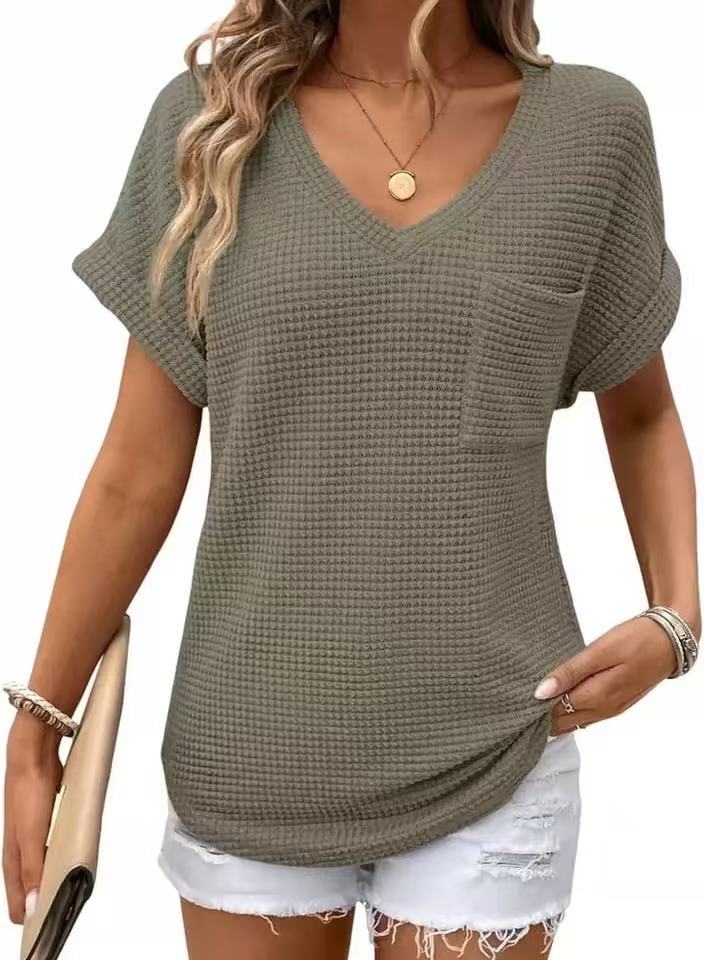 Women's Collar Summer Waffle Pocket Sleeve Women's T-shirt