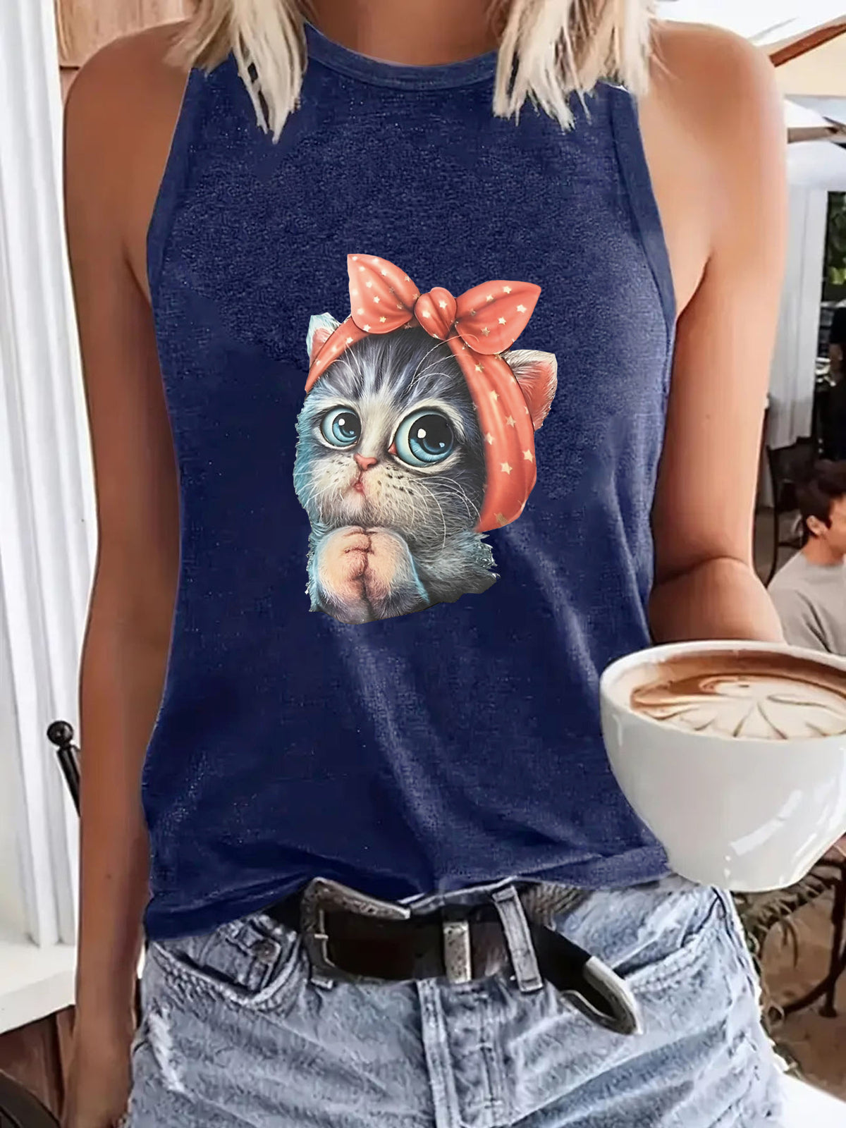 Women's Cat Printing Round Neck Casual Sleeveless Small Vest/suspenders/tube Top