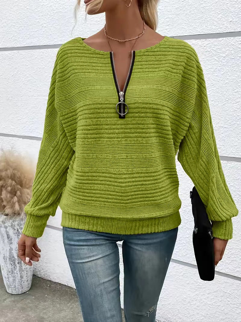 Women's Casual Solid Color Long Sleeve Zipper Women's T-shirt
