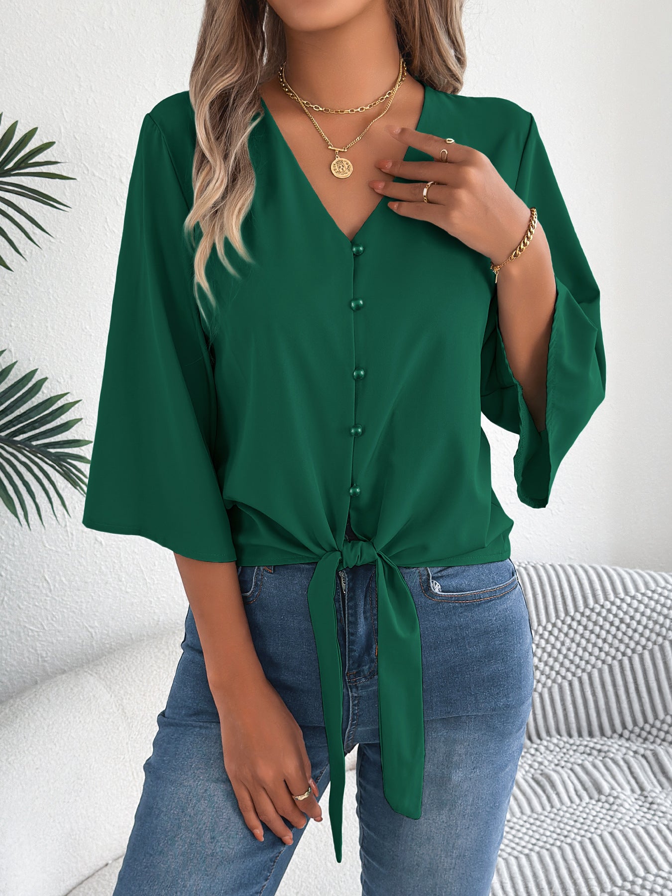Women's Casual Button Three-quarter Sleeve Knotted Lace Shirt, Chiffon Shirt