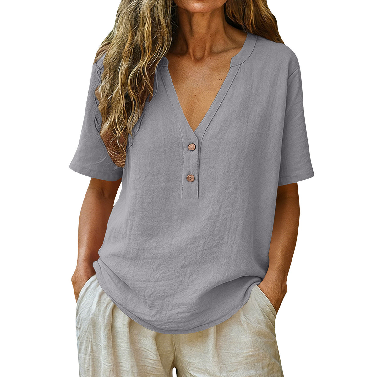 Women's Solid Color Button Fashion Sleeve Women's T-shirt