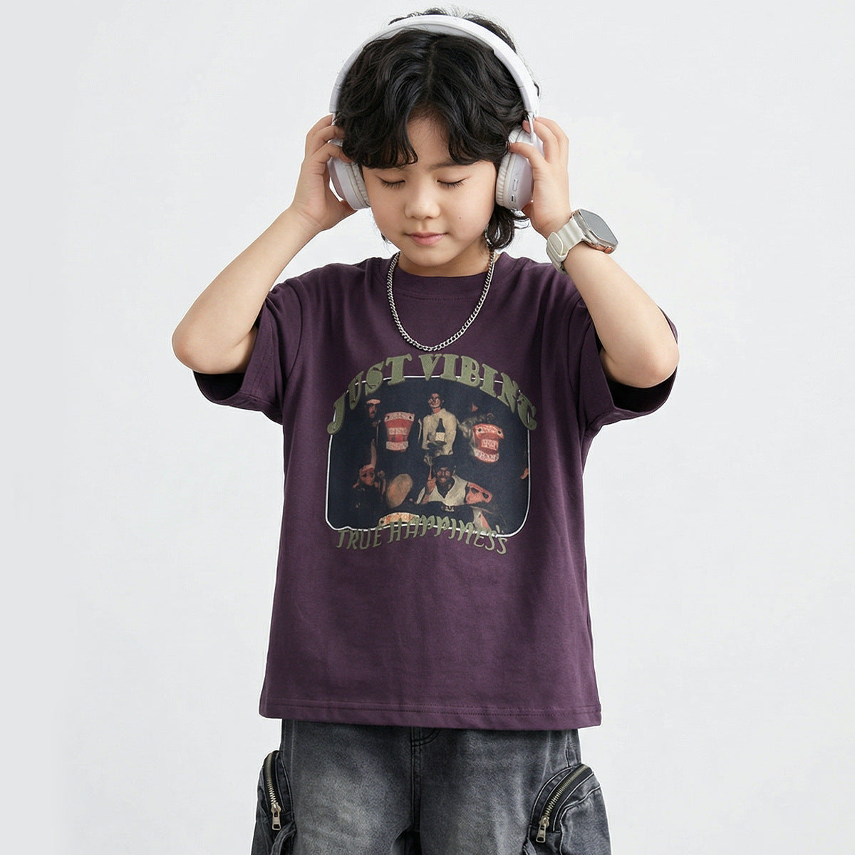 Children's Boys Middle Big American Retro Cotton Short-sleeved Children's T-shirt