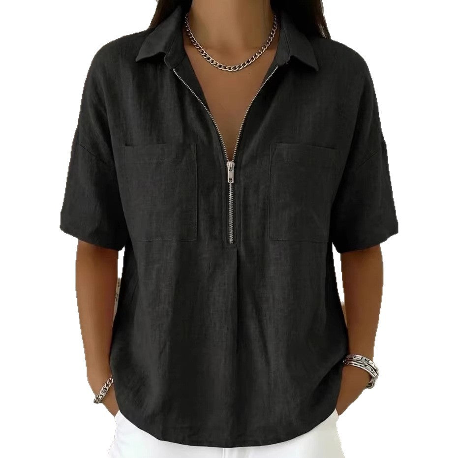 Loose Lapels Solid Color Sleeve Casual Shirt Zipper Patch Blouse