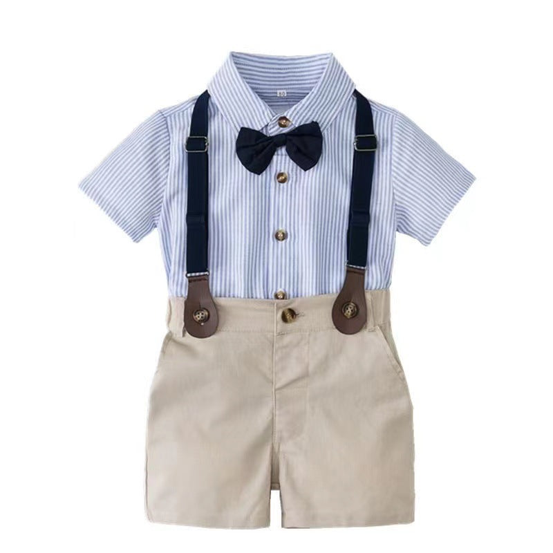 Children's Small Older Short Sleeve Summer Vertical Bar Bow Children's Suit