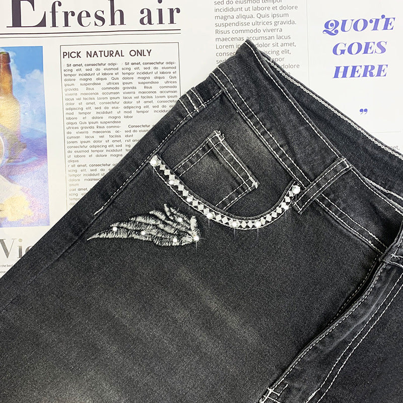 Women's Embroidered Skull Hot Rhinestone Stretch Slim Fit Slimming Small Denim Pants