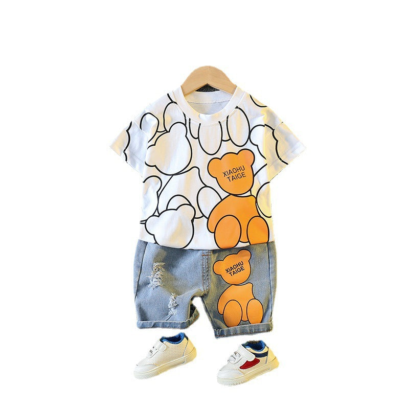 Children's Boy's Cartoon Printed Round Neck Short Sleeve T-shirt Personality Children's Suit