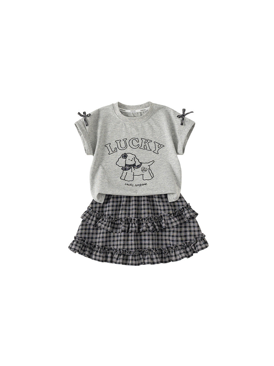 Children's Clothing Bow Cute Short Sleeve Plaid Lace Children's Suit