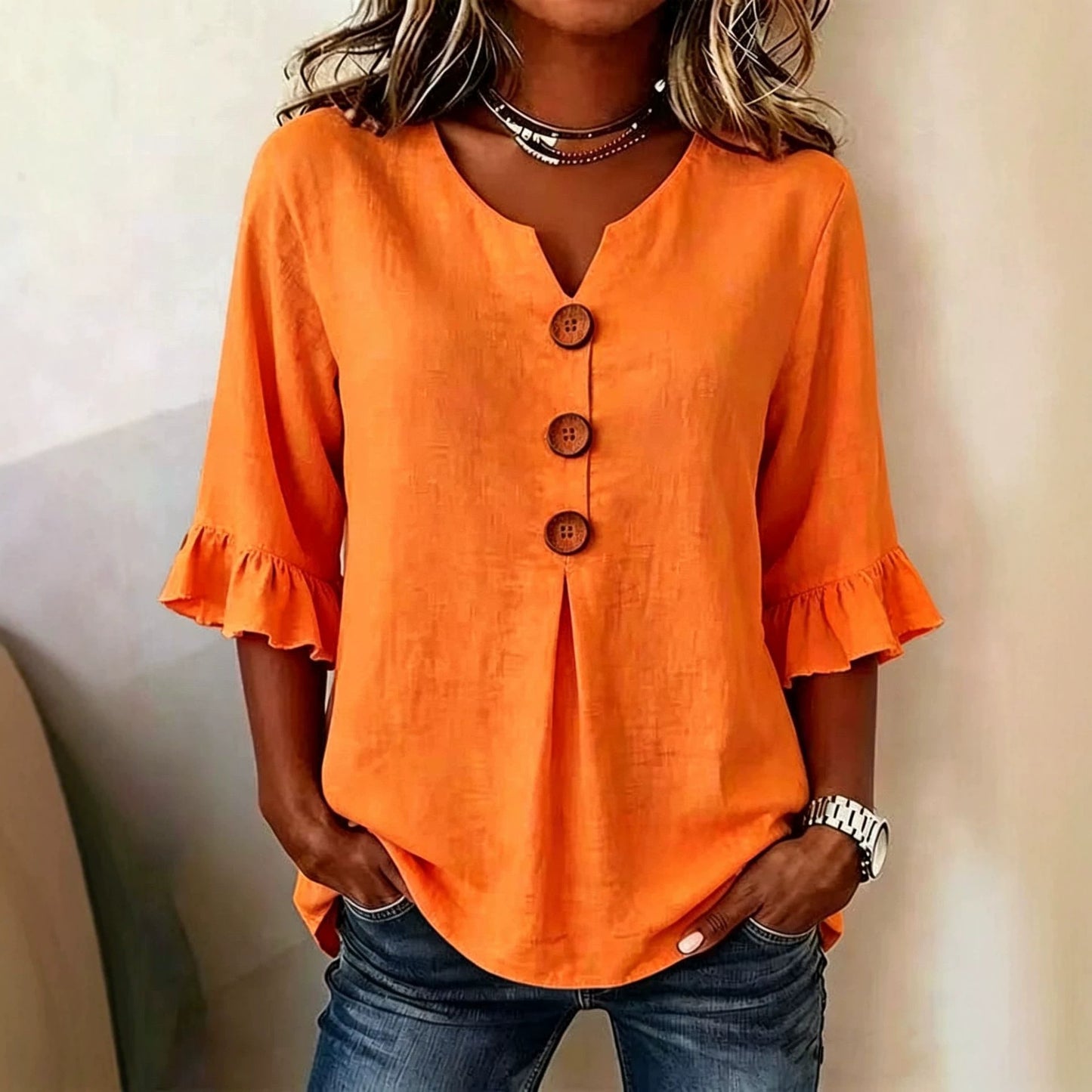 Women's Summer Buttons Ruffled Half Sleeves Loose Blouses