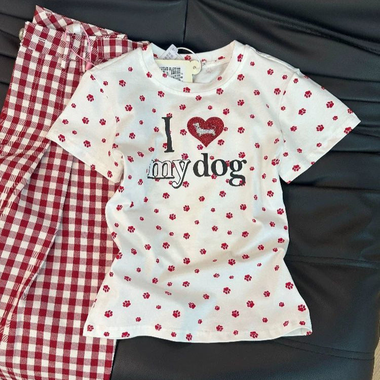 Children's Summer Love Rhinestone Dog's Paw Full Printed Short-sleeved Bottoming Shirt Children's T-shirt