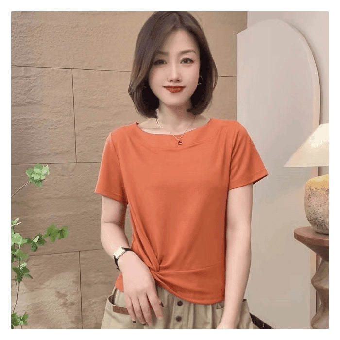 Women's Shirt Sleeve Pleated Solid Color Round Neck Fashion Wear Women's T-shirt
