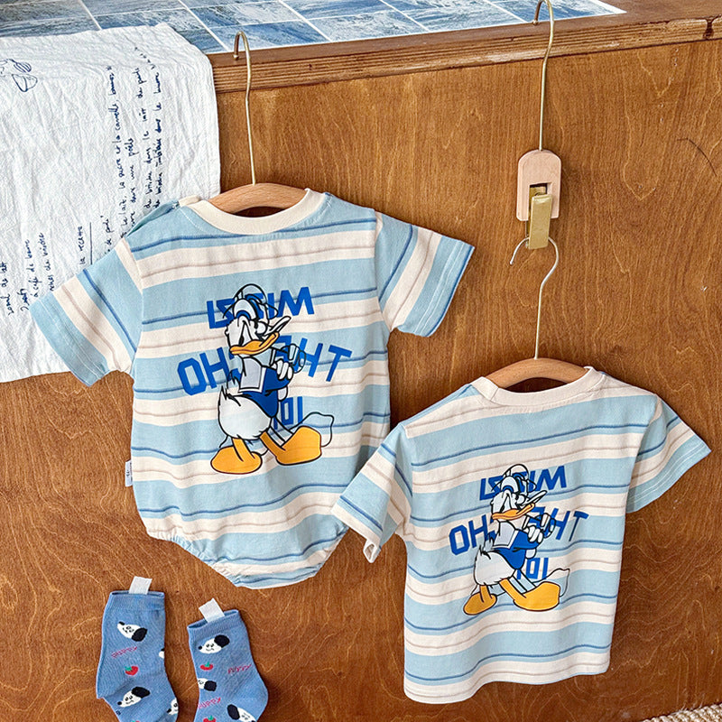 Summer Cartoon Striped Short Sleeve T-shirt Cute Parent-child Outfit