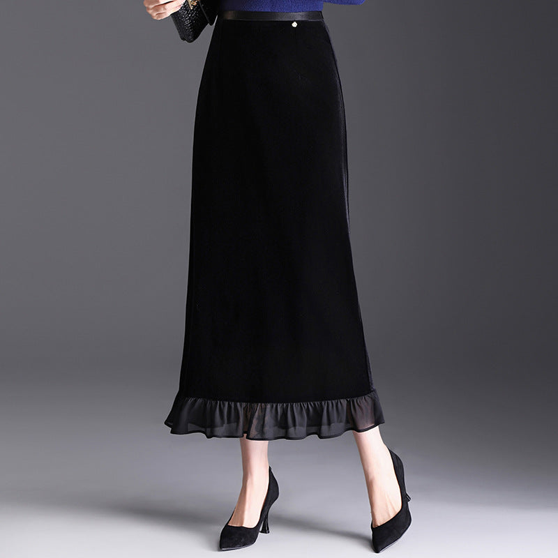 Women's Early Autumn Stitching Lace Veet Fashionable Temperamental Elastic Waist Skirt