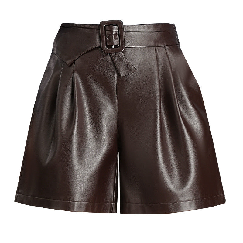 Women's Color Leather High Waist Outer Wear Casual Pants