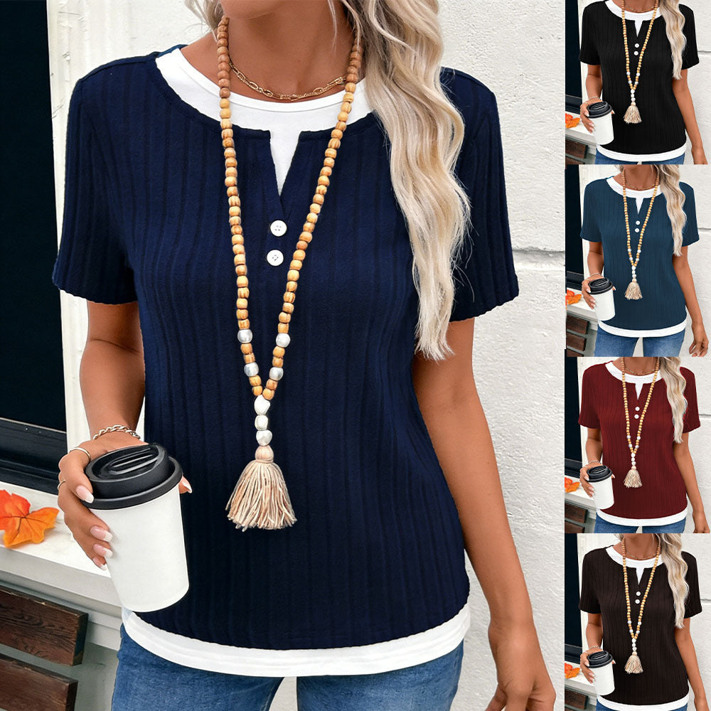 Women's Fake Two-piece Round Neck Button Pullover Shorts