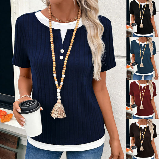 Women's Fake Two-piece Round Neck Button Pullover Shorts