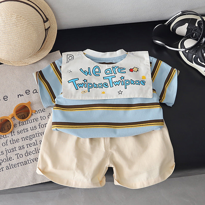 Children's Clothing Cartoon Striped Shawl Short Sleeve Clothes Two-piece Children's Suit