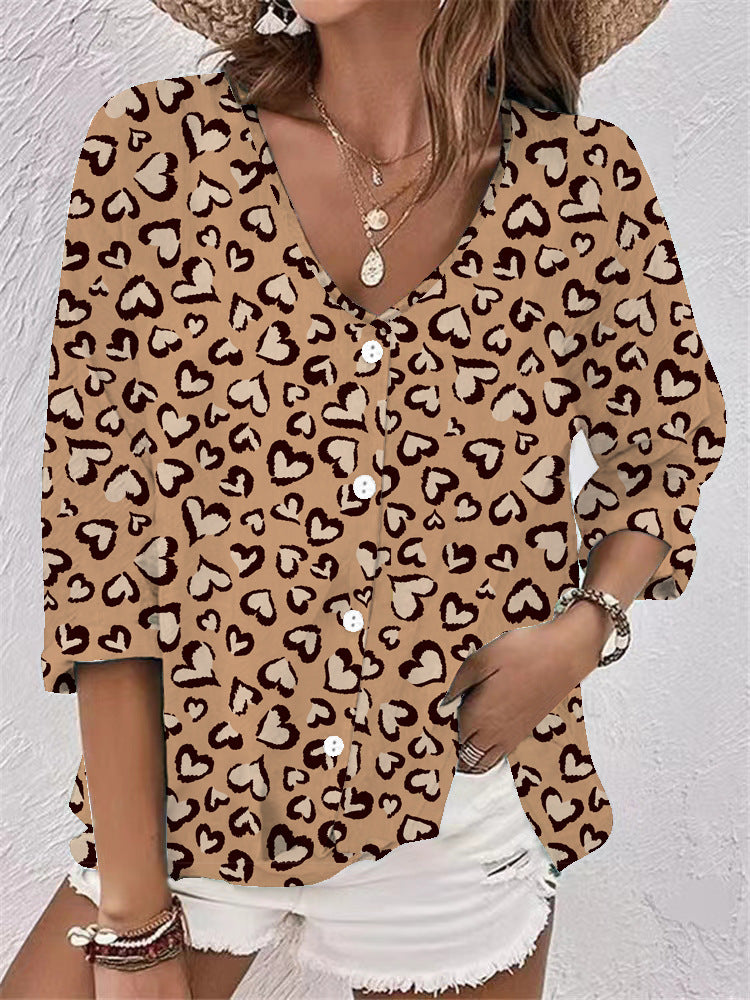 Casual Women's Buttons Printed Long Sleeve Lace Shirt, Chiffon Shirt