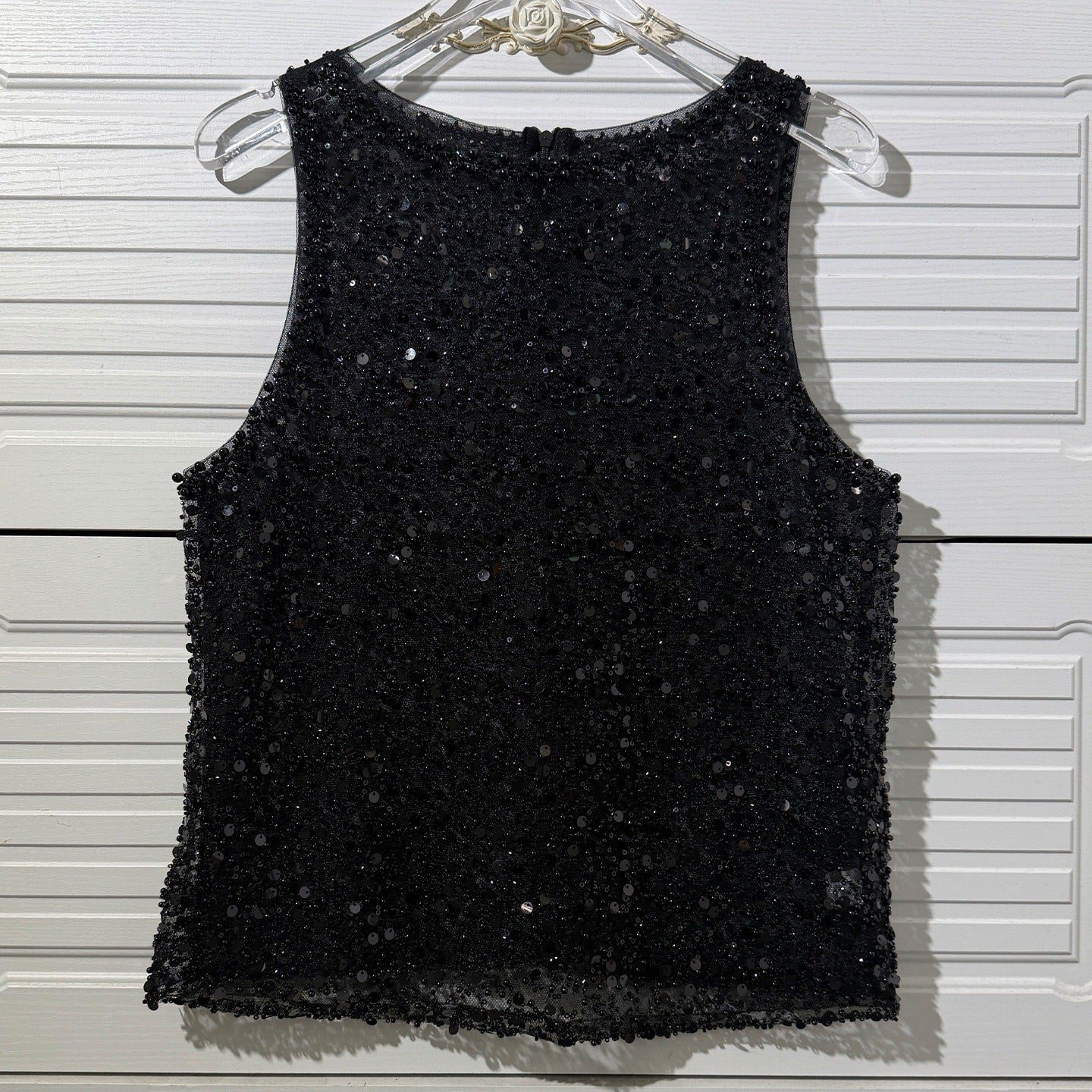 Women's Fashion Sequined Sleeveless Sexy Pearl Beaded Lace Shirt, Chiffon Shirt