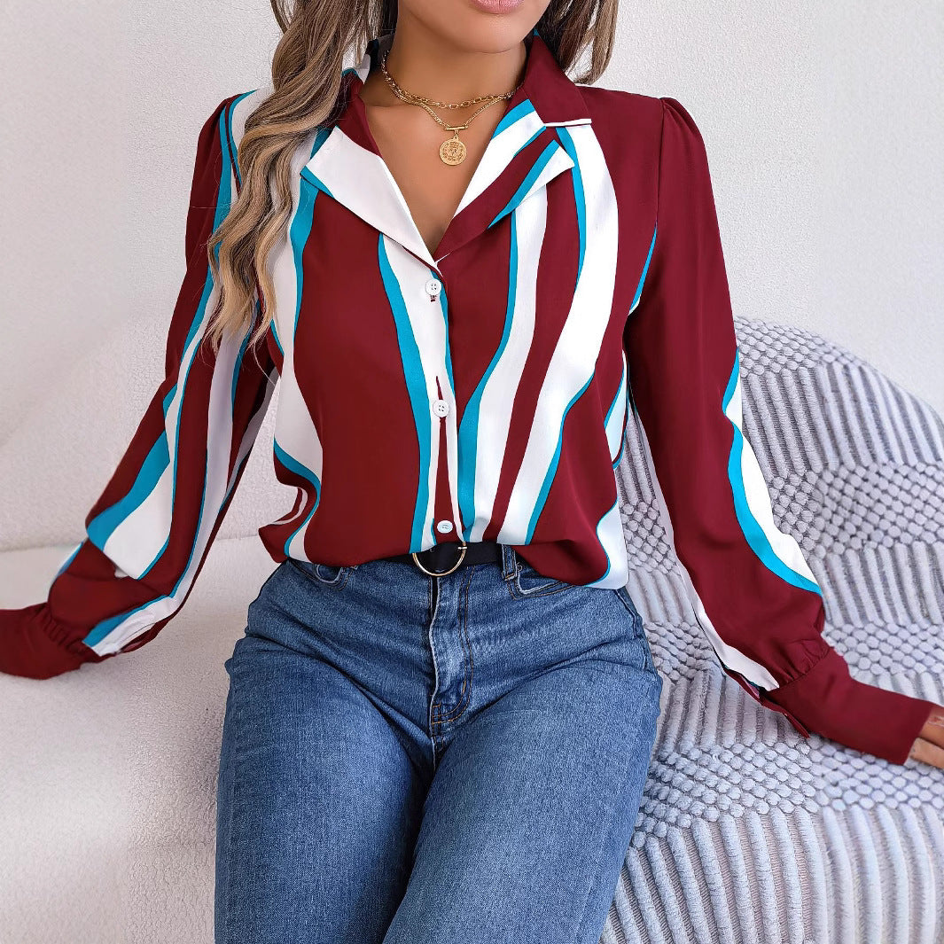 Women's Versatile Contrast Color Striped Collar Long Lace Shirt, Chiffon Shirt