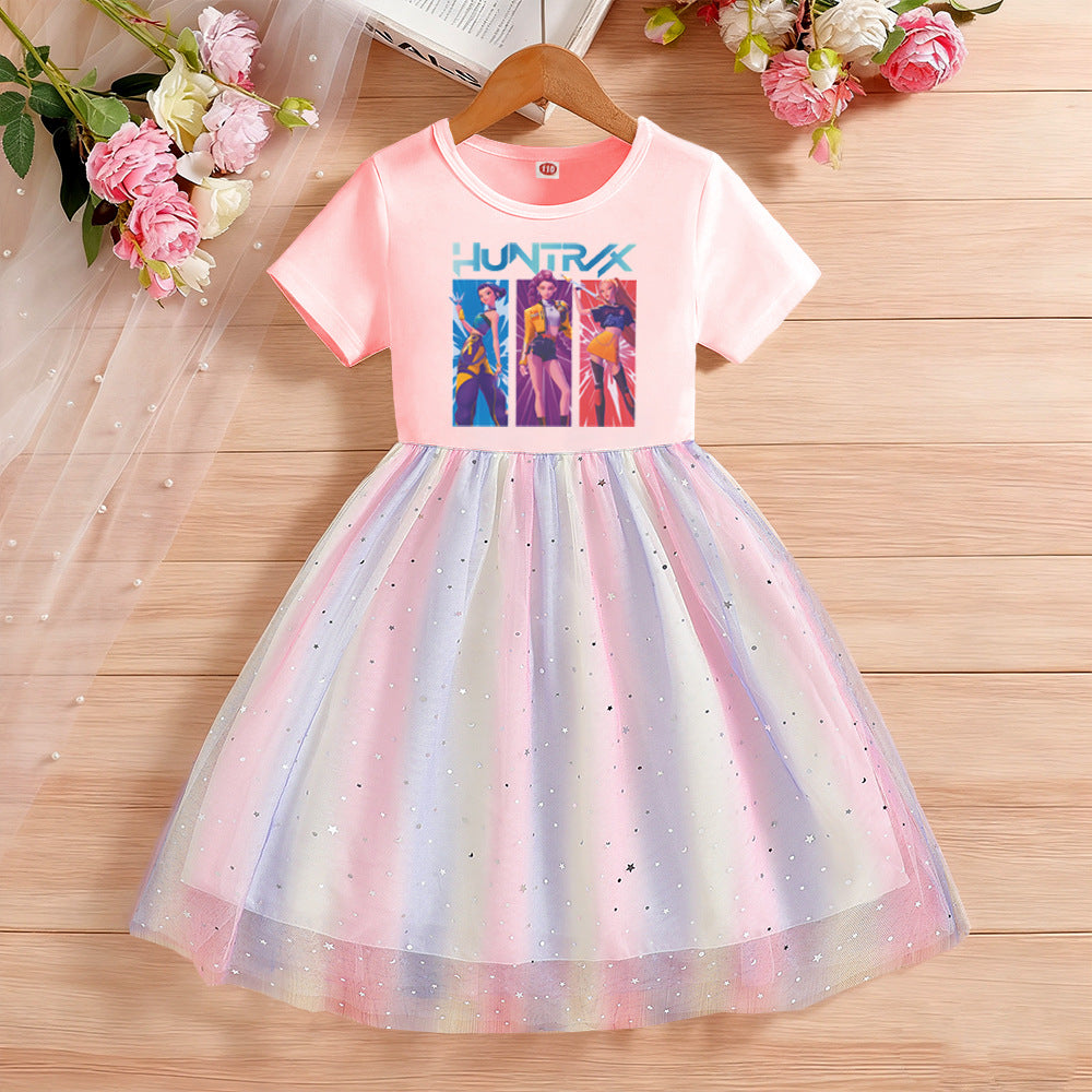 Children's Short Sleeve Clothing Gauze Rainbow Princess Skirt Children's Dress