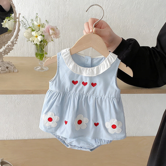 Summer Love Heart Flowers Embroidered Thin Lace Collar Children's Dress