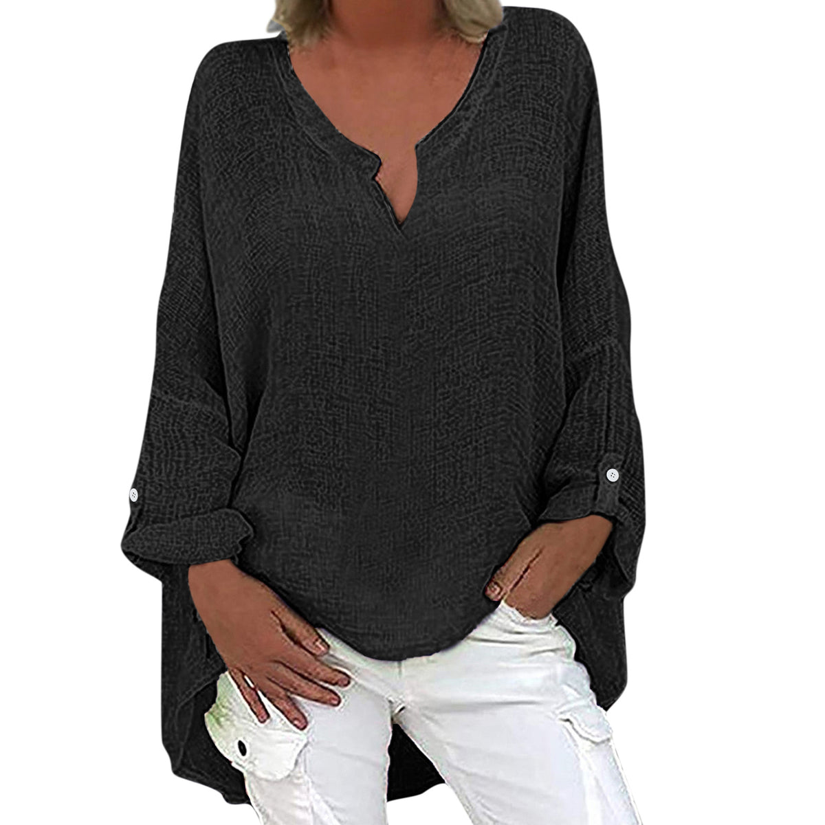 Women's Cotton Linen Long Sleeve Retractable Button Blouse
