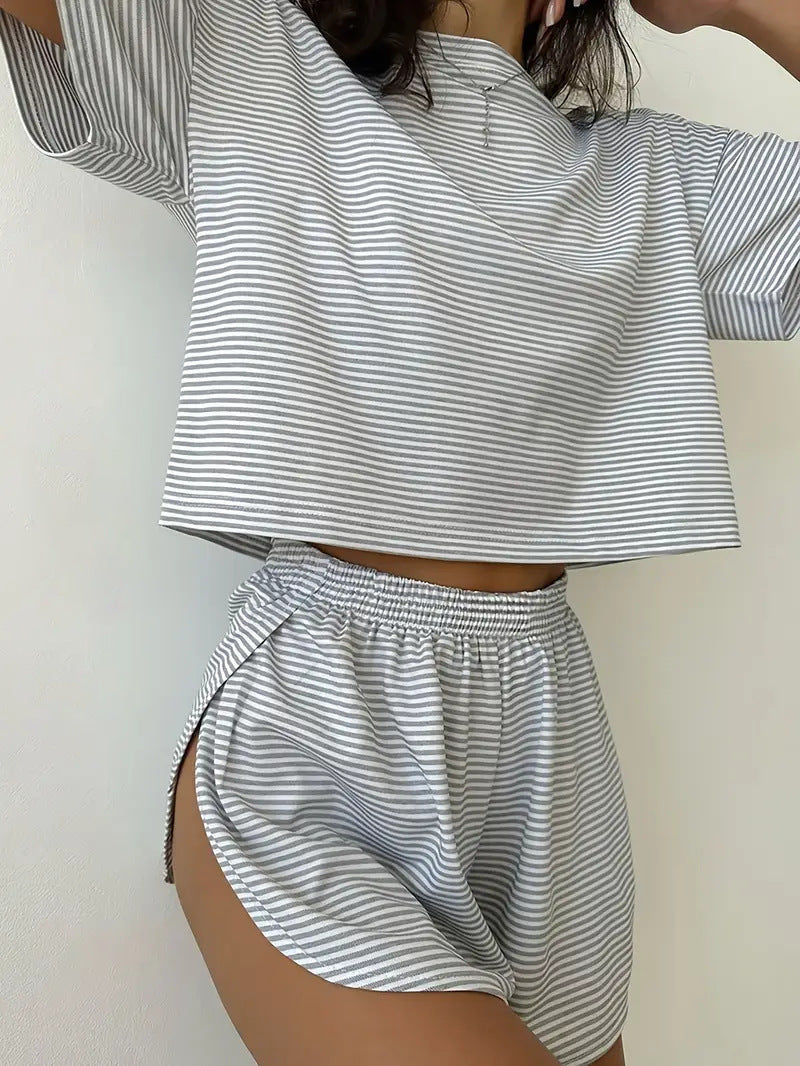 Women's Simple Elastic Waist Comfortable Home Striped Sleeve Fashion Casual Suit