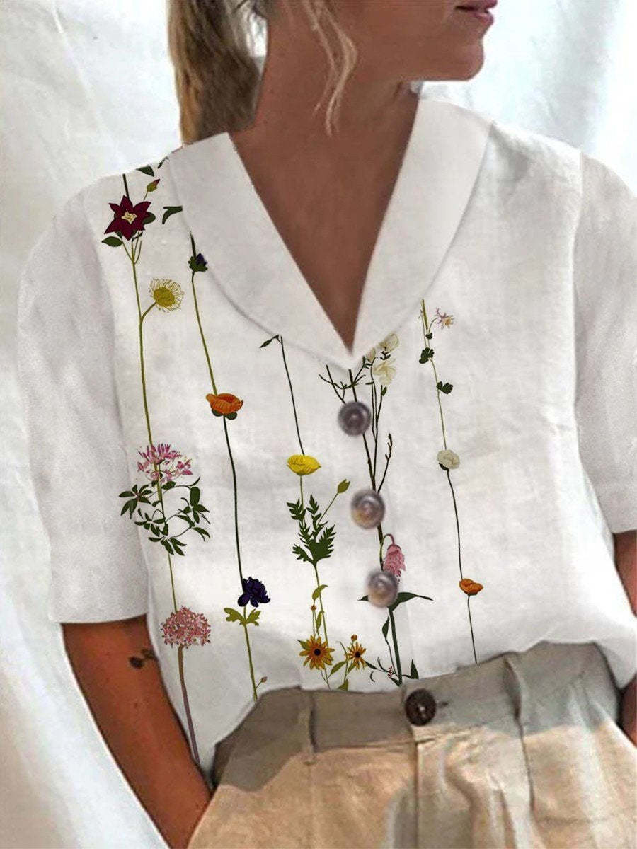 Women's Collar Button Casual Long Half Sleeve Cotton Blouse