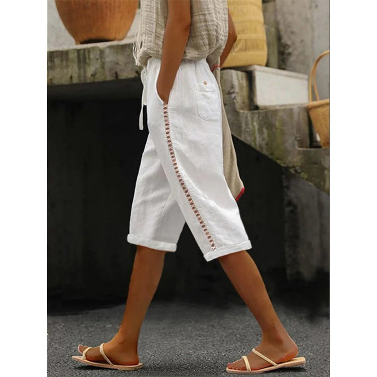 Summer Fashion Woven Cotton Linen Side Lace Hollowed Shorts