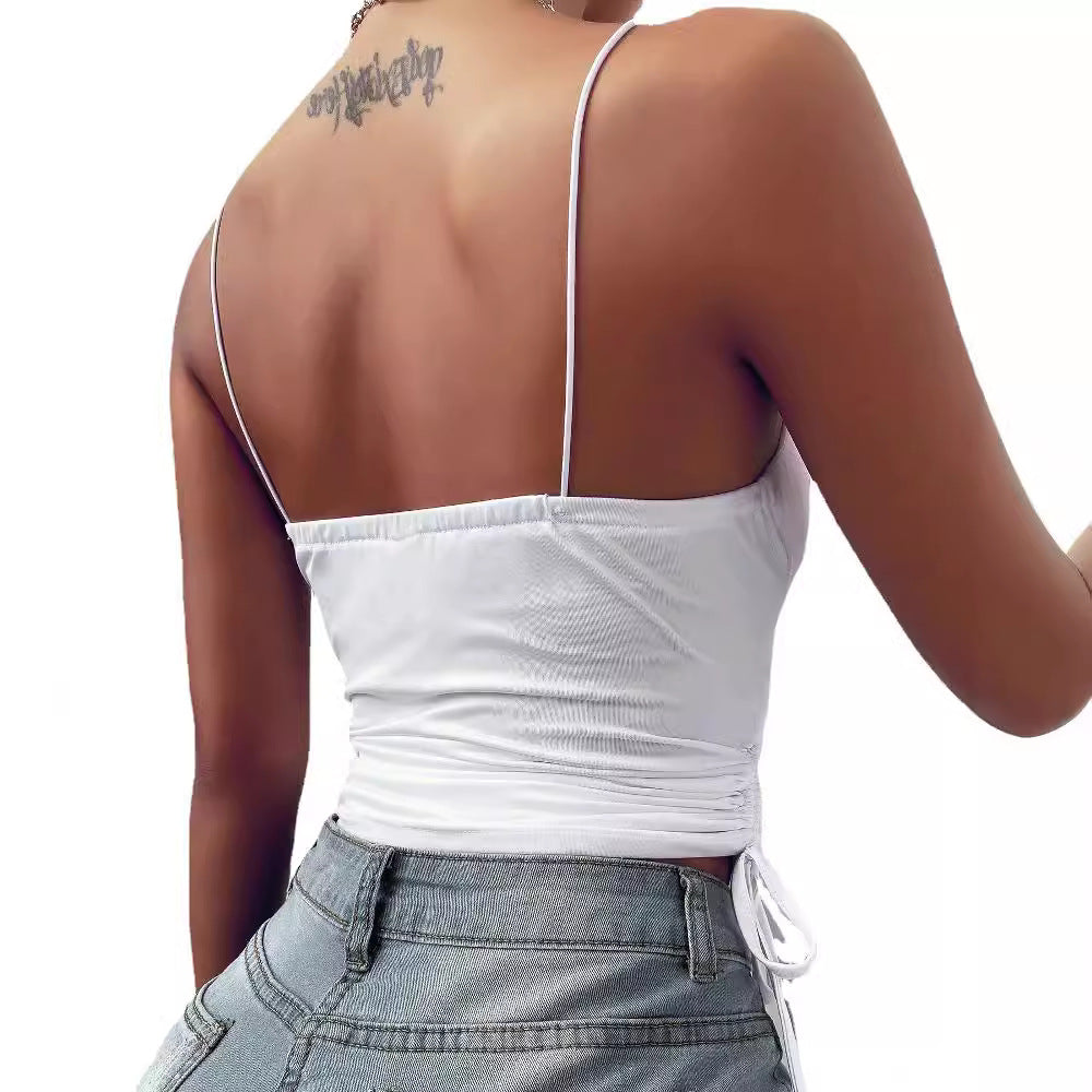 Women's Printed Camisole Solid Color Deep Strap Tight Drawstring Small Vest/suspenders/tube Top