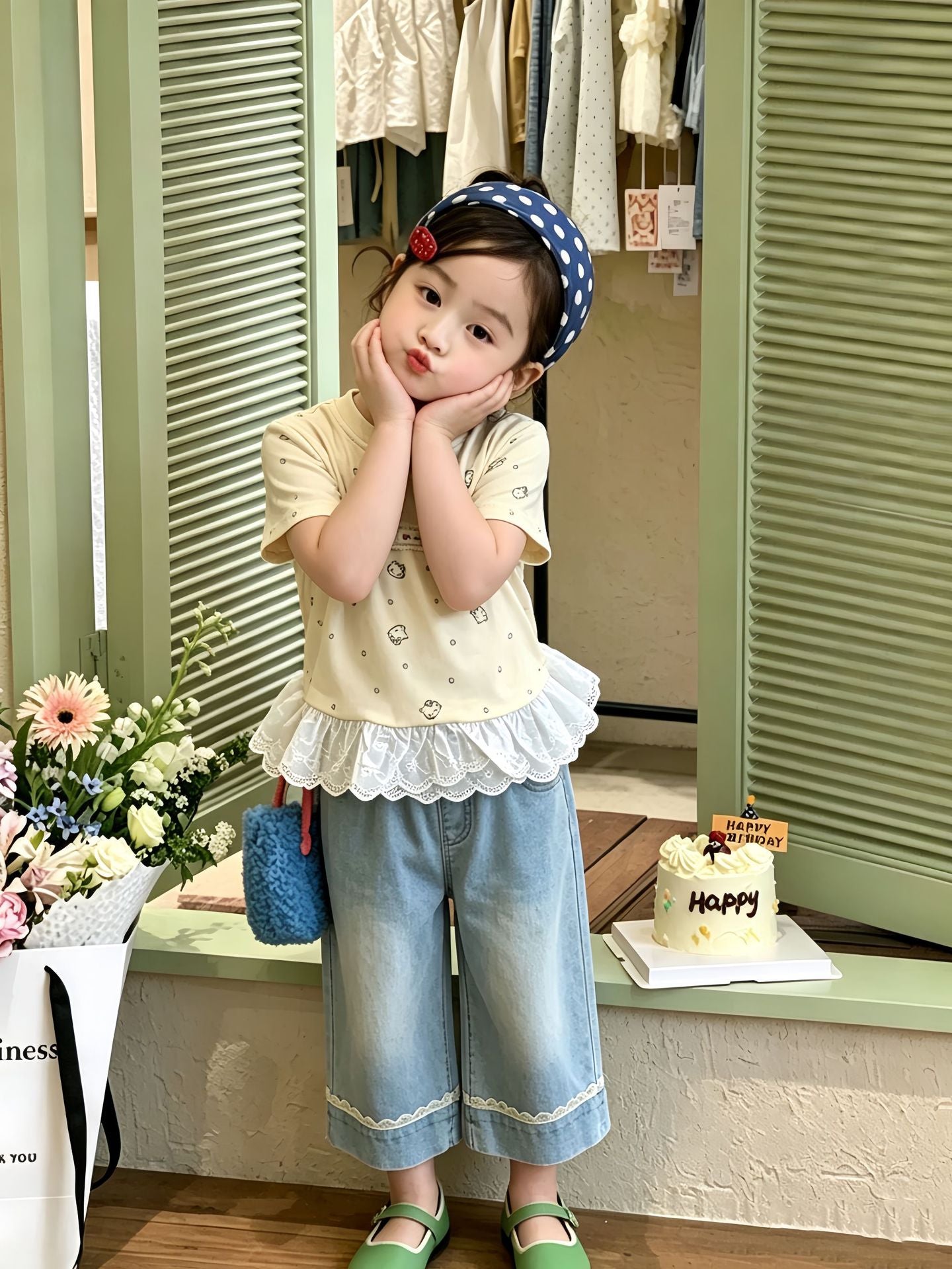 Summer Korean Style Fashionable Floral Stitching Lace Short Sleeve Children's T-shirt
