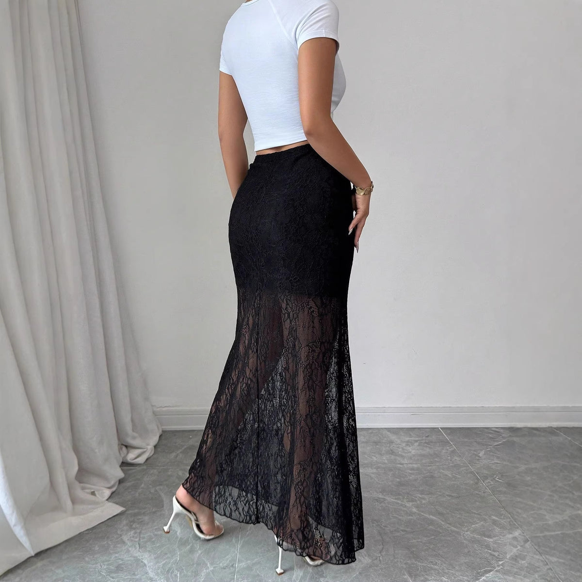 Women's Western Style Fashionable Black Lace Slimming Mop Dress Clothing