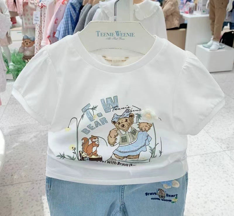 Korean Style Little Bear Cotton Class Knitted Soft Breathable Flower Children's T-shirt