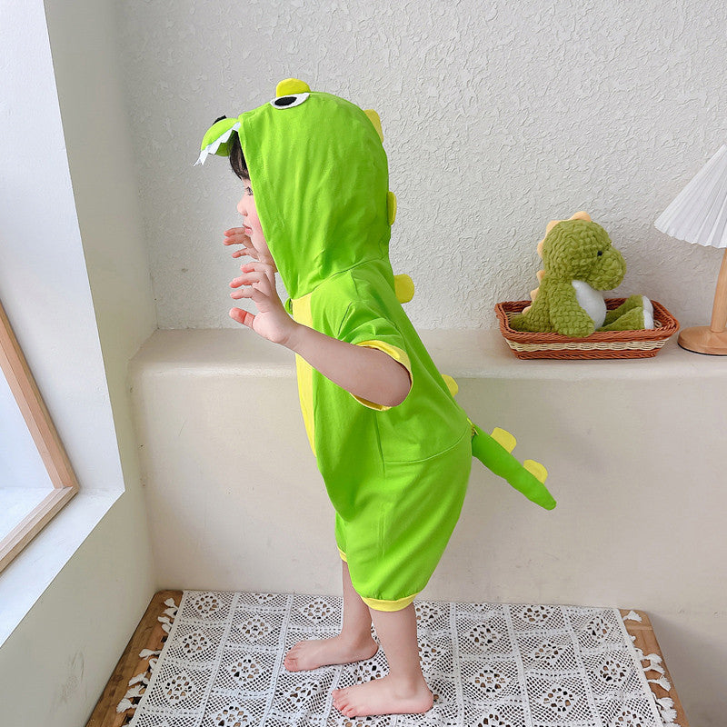 Children's Pajamas Summer Boy's Cotton Short-sleeved Boy Cartoon Dinosaur Romper Hooded Jumpsuit, Climbing Suit