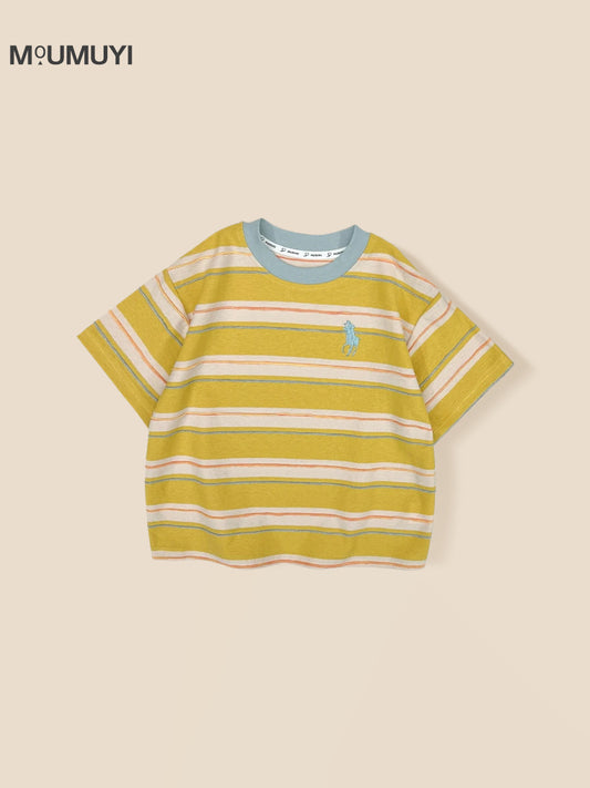 Children's Collar For Boys Contrast Color Wide Striped Embroidered Children's T-shirt
