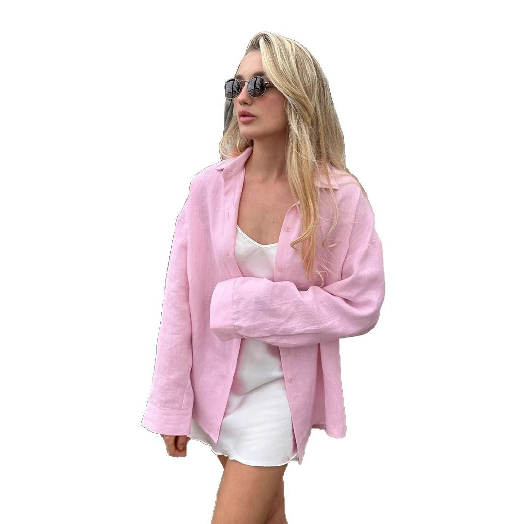 Women's Solid Color Loose Cotton Linen Lapel Long Sleeve Shirt Commuter Blouse
