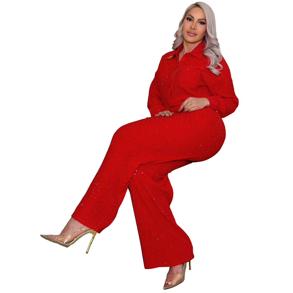 Women's Rhinestone Pleated Long-sleeved Lapel Shirt Trousers Fashion Casual Suit